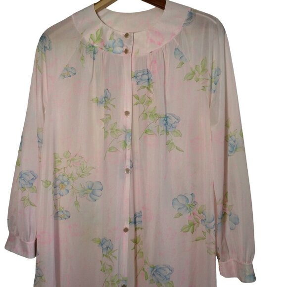 Vintage Nightgown L Semi Sheer Button Collar Pink Blue Floral Granny Grannycore - Picture 5 of 16